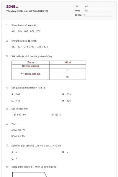 Tổng hợp đề thi cuối kì I Toán 3 (Đề 15)