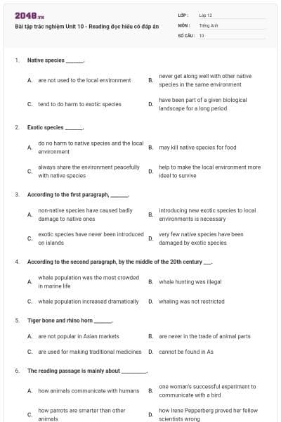 Bài tập trắc nghiệm Unit 10 - Reading đọc hiểu có đáp án