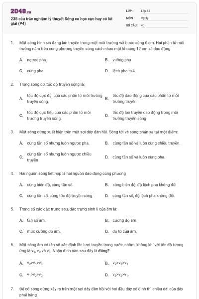 235 câu trắc nghiệm lý thuyết Sóng cơ học cực hay có lời giải (P4)