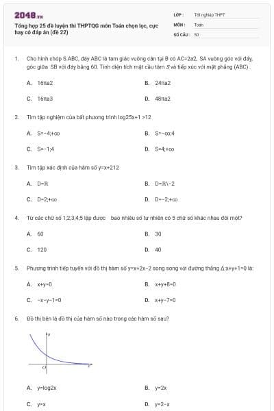 Tổng hợp 25 đề luyện thi THPTQG môn Toán chọn lọc, cực hay có đáp án (đề 22)