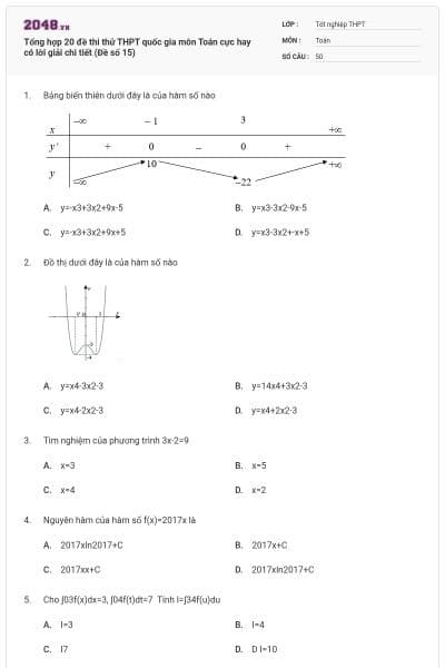 Tổng hợp 20 đề thi thử THPT quốc gia môn Toán cực hay có lời giải chi tiết (Đề số 15)