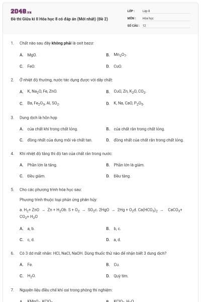 Đề thi Giữa kì II Hóa học 8 có đáp án (Mới nhất) (Đề 2)