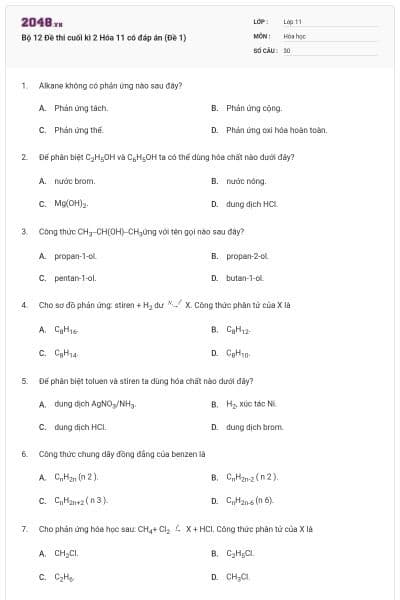 Bộ 12 Đề thi cuối kì 2 Hóa 11 có đáp án (Đề 1)