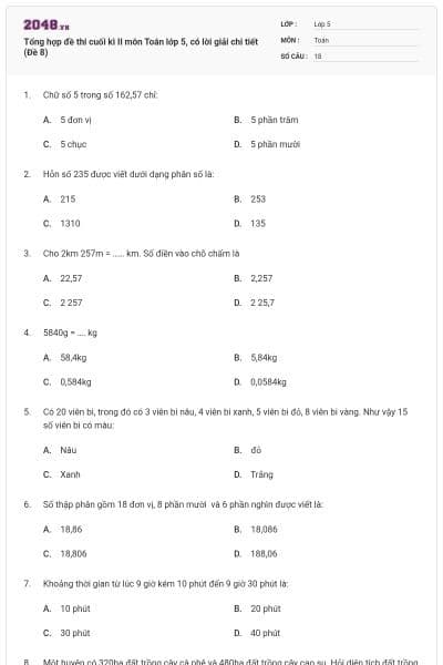 Tổng hợp đề thi cuối kì II môn Toán lớp 5, có lời giải chi tiết (Đề 8)