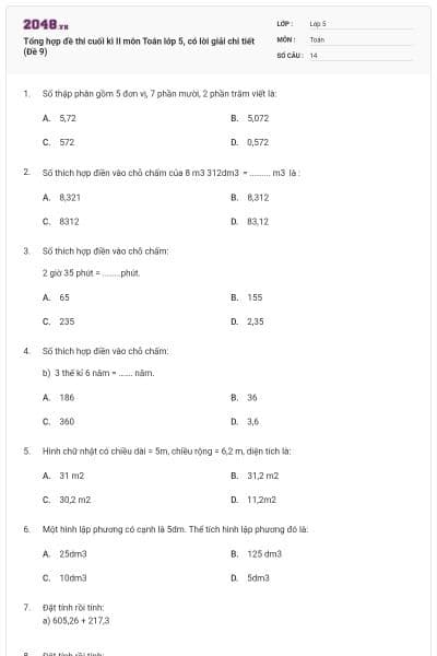 Tổng hợp đề thi cuối kì II môn Toán lớp 5, có lời giải chi tiết (Đề 9)