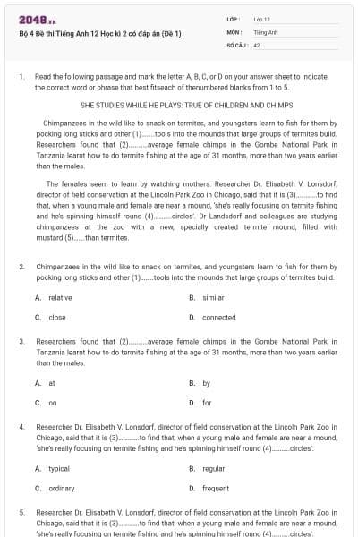 Bộ 4 Đề thi Tiếng Anh 12 Học kì 2 có đáp án (Đề 1)