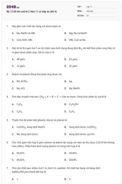 Bộ 12 Đề thi cuối kì 2 Hóa 11 có đáp án (Đề 4)