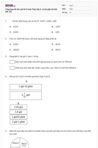 Tổng hợp đề thi cuối kì II môn Toán lớp 5, có lời giải chi tiết (Đề 10)