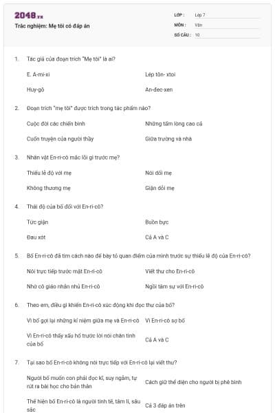 Trắc nghiệm: Mẹ tôi có đáp án