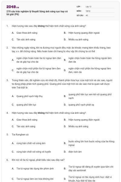 270 câu trắc nghiệm lý thuyết Sóng ánh sáng cực hay có lời giải (P6)