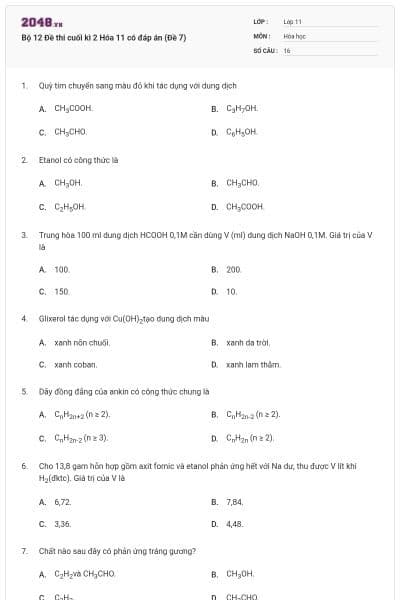 Bộ 12 Đề thi cuối kì 2 Hóa 11 có đáp án (Đề 7)