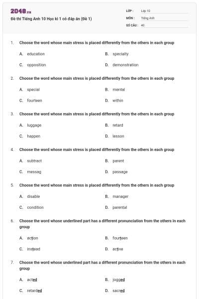 Đề thi Tiếng Anh 10 Học kì 1 có đáp án (Đề 1)