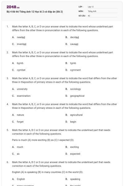 Bộ 4 Đề thi Tiếng Anh 12 Học kì 2 có đáp án (Đề 2)