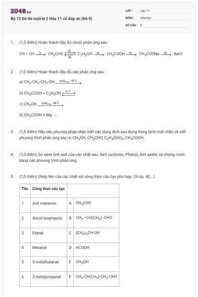 Bộ 12 Đề thi cuối kì 2 Hóa 11 có đáp án (Đề 9)