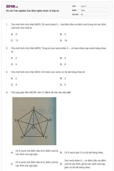 30 câu Trắc nghiệm Các định nghĩa vecto có đáp án