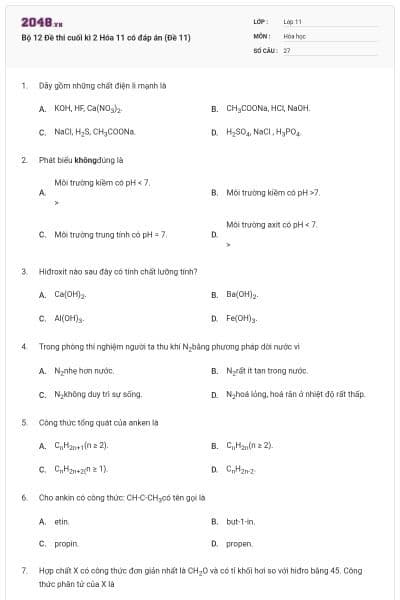 Bộ 12 Đề thi cuối kì 2 Hóa 11 có đáp án (Đề 11)