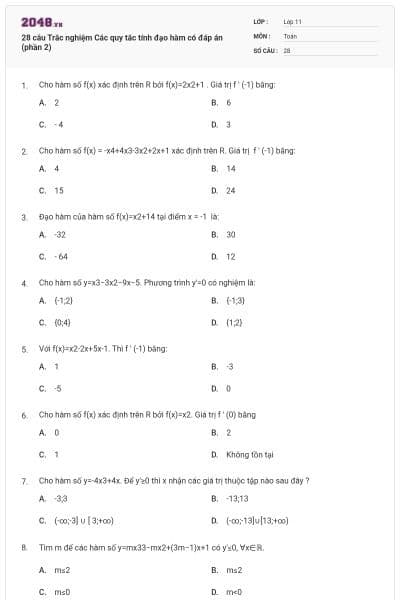 28 câu Trắc nghiệm Các quy tắc tính đạo hàm có đáp án (phần 2)