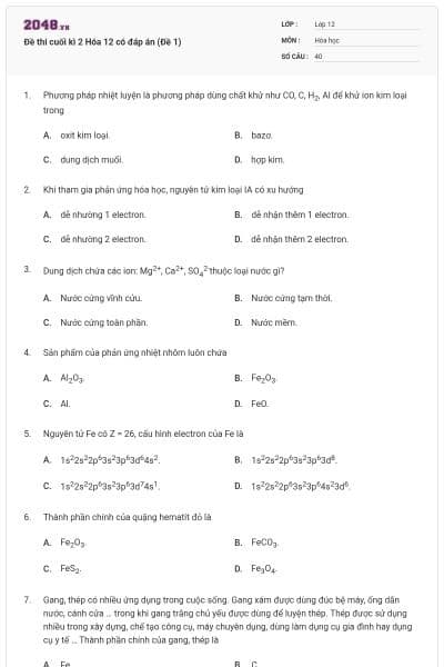 Đề thi cuối kì 2 Hóa 12 có đáp án (Đề 1)