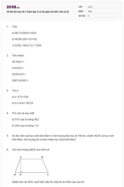 20 Đề thi Học Kì I Toán lớp 5 có lời giải chi tiết ( Đề số 5)