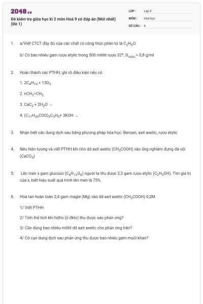 Đề kiểm tra giữa học kì 2 môn Hoá 9 có đáp án (Mới nhất) (Đề 1)