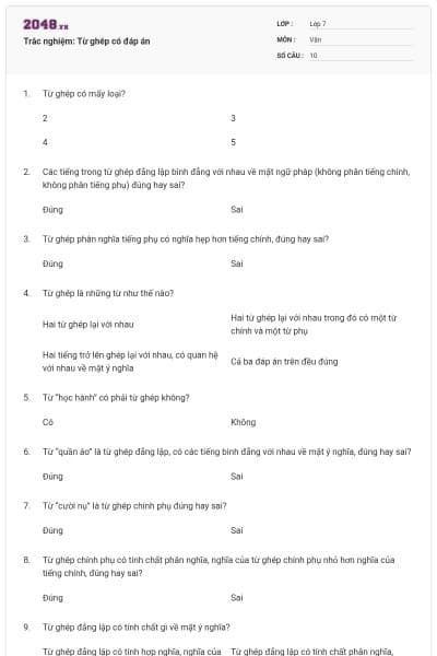 Trắc nghiệm: Từ ghép có đáp án