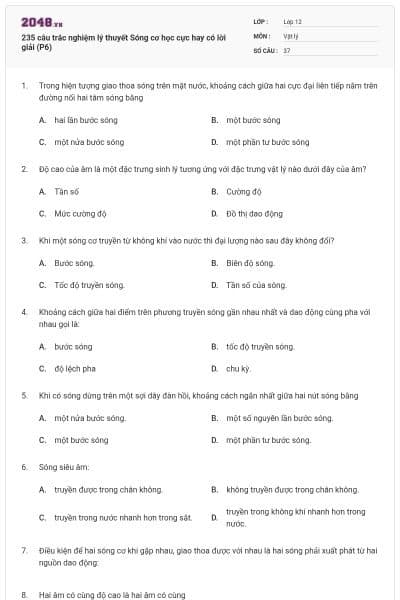 235 câu trắc nghiệm lý thuyết Sóng cơ học cực hay có lời giải (P6)