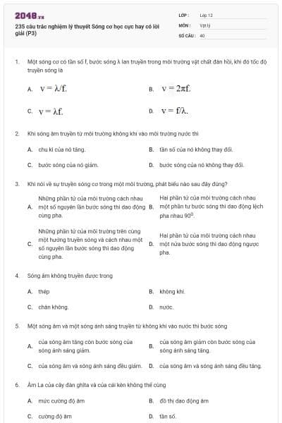 235 câu trắc nghiệm lý thuyết Sóng cơ học cực hay có lời giải (P3)