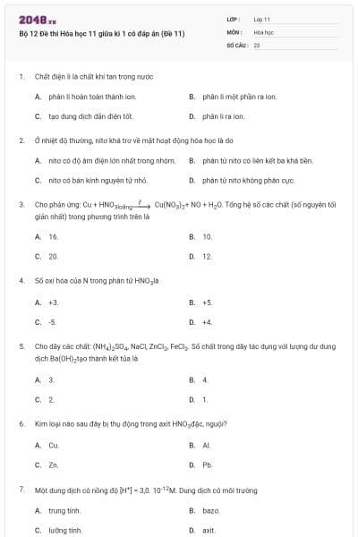 Bộ 12 Đề thi Hóa học 11 giữa kì 1 có đáp án (Đề 11)