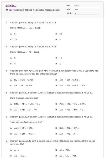 24 câu Trắc nghiệm Tổng và hiệu của hai vecto có đáp án