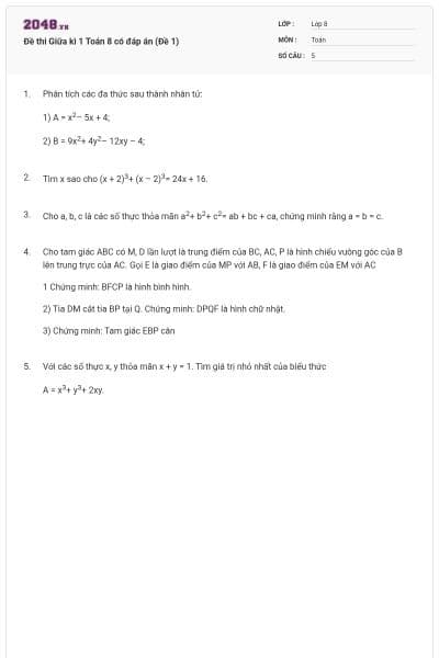 Đề thi Giữa kì 1 Toán 8 có đáp án (Đề 1)