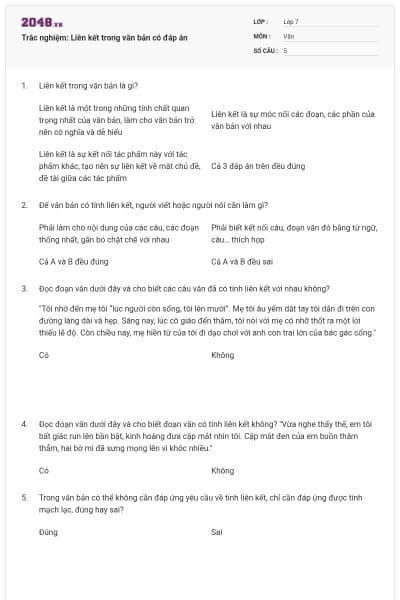 Trắc nghiệm: Liên kết trong văn bản có đáp án