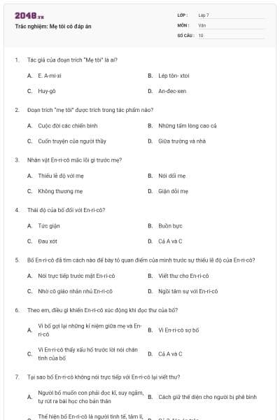 Trắc nghiệm: Mẹ tôi có đáp án