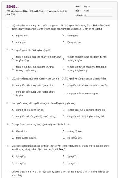 235 câu trắc nghiệm lý thuyết Sóng cơ học cực hay có lời giải (P4)