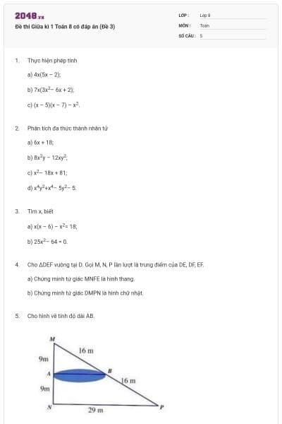 Đề thi Giữa kì 1 Toán 8 có đáp án (Đề 3)