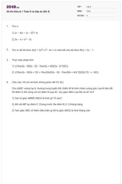 Đề thi Giữa kì 1 Toán 8 có đáp án (Đề 4)