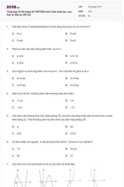 Tổng hợp 25 đề luyện thi THPTQG môn Toán chọn lọc, cực hay có đáp án (đề 23)