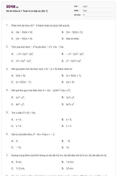 Đề thi Giữa kì 1 Toán 8 có đáp án (Đề 7)