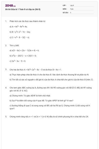 Đề thi Giữa kì 1 Toán 8 có đáp án (Đề 8)