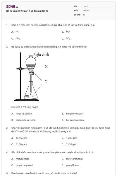 Đề thi cuối kì 2 Hóa 12 có đáp án (Đề 2)