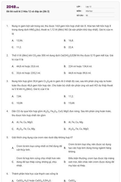Đề thi cuối kì 2 Hóa 12 có đáp án (Đề 3)