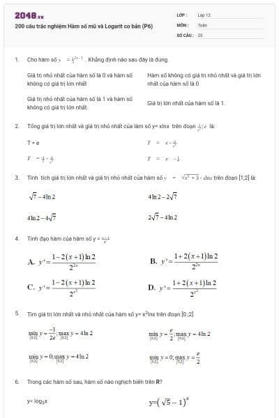 200 câu trắc nghiệm Hàm số mũ và Logarit cơ bản (P6)