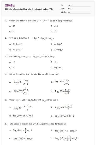 200 câu trắc nghiệm Hàm số mũ và Logarit cơ bản (P4)