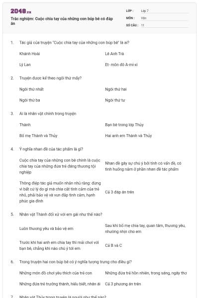 Trắc nghiệm: Cuộc chia tay của những con búp bê có đáp án