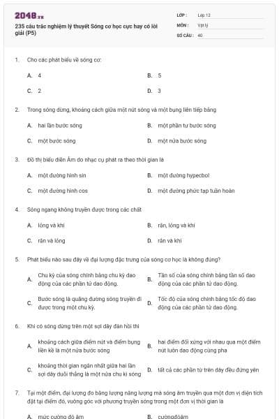 235 câu trắc nghiệm lý thuyết Sóng cơ học cực hay có lời giải (P5)