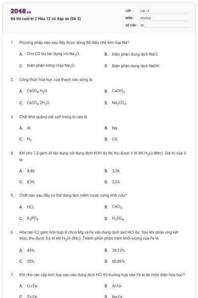 Đề thi cuối kì 2 Hóa 12 có đáp án (Đề 5)