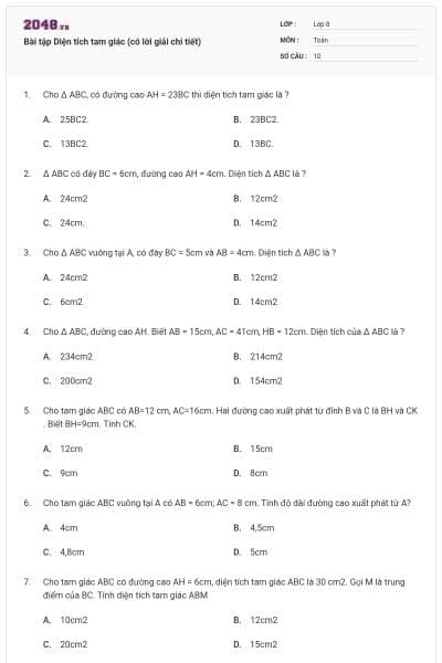 Bài tập Diện tích tam giác (có lời giải chi tiết)