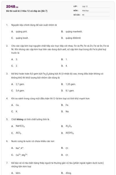 Đề thi cuối kì 2 Hóa 12 có đáp án (Đề 7)