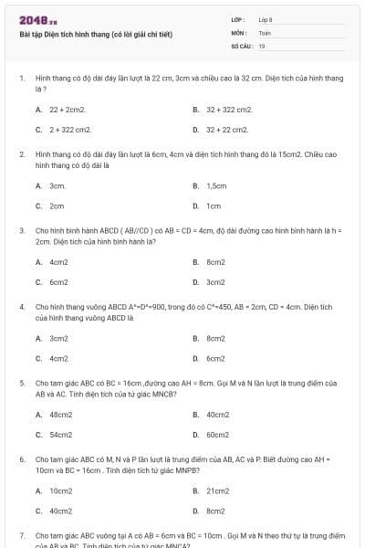 Bài tập Diện tích hình thang (có lời giải chi tiết)
