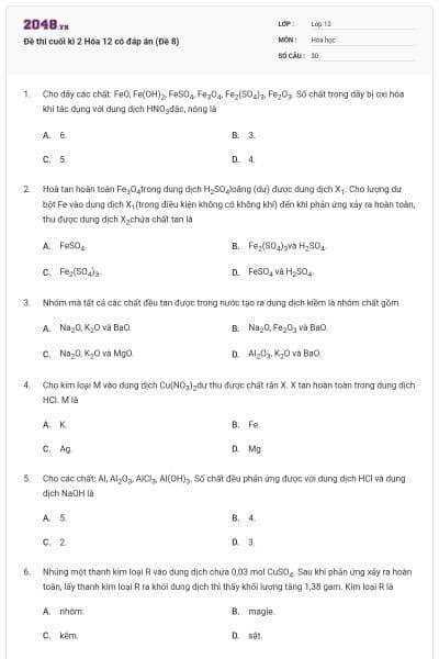 Đề thi cuối kì 2 Hóa 12 có đáp án (Đề 8)