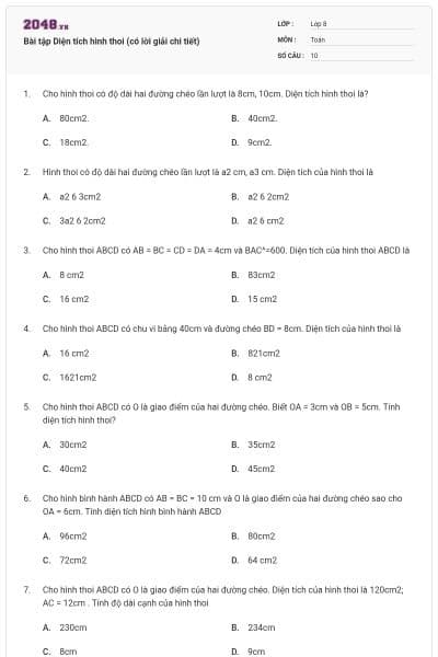 Bài tập Diện tích hình thoi (có lời giải chi tiết)